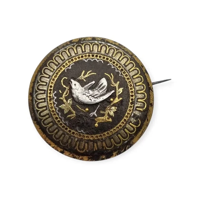 Broche Damasquinée Or De Tolède - Motif Fleur Avec Feuilles, Tige Dorées Et Cœur En Perle Nacrée - Occasion Parfaite
