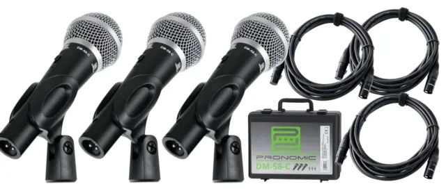 3 dynamische Gesangsmikrofone mit Schalter im Set inklusive Koffer und XLR-Kabel