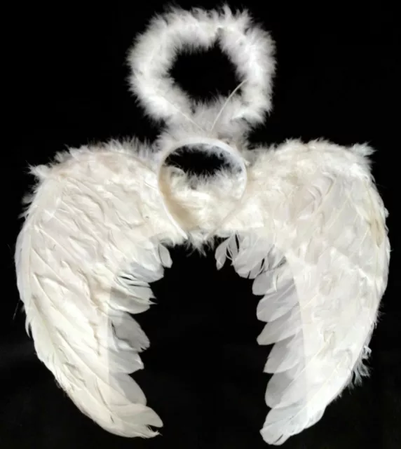 WHITE Angel Fairy Feather Wings & Halo Christmas Fancy Dress Halloween Costume