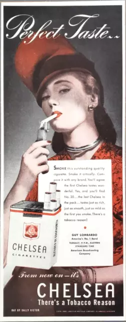 PRINT AD Chelsea Cigarettes 1945 5x12.5 Woman Smoking Sally Victor Hat