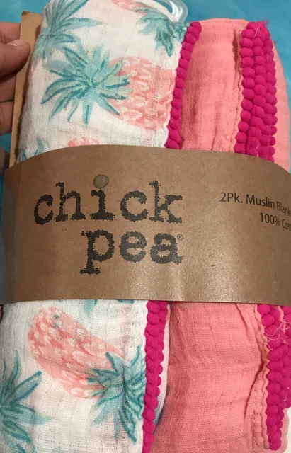 New Swaddling Blankets 2 Pack Cotton Muslin Pinaple Pink Chick Pea Baby Girl