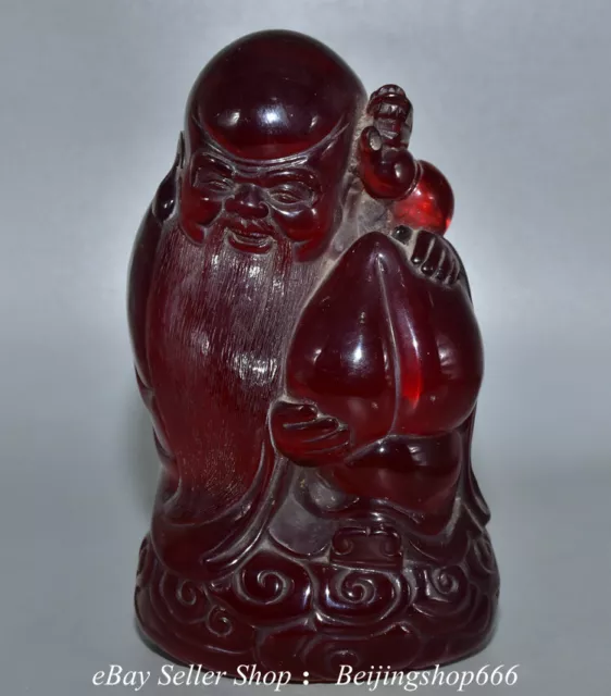8.2" Old Chinese Amber Carved God of longevity Peach Lucky Statue Sculpture