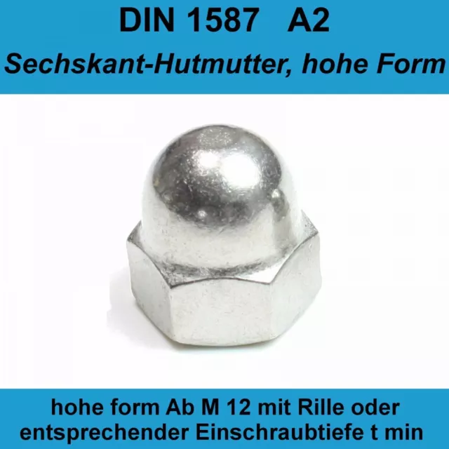 M6 DIN 1587 Hutmuttern Sechskantmuttern A2 Edelstahl V2A VA hohe Form 20-500 St.