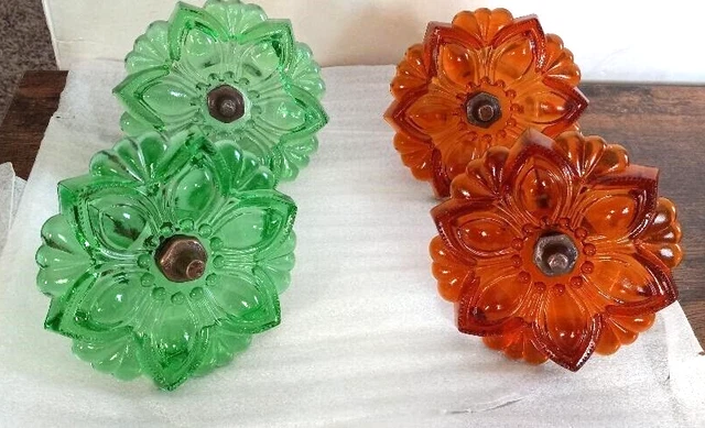 Curtain Tie Backs Set FOUR Green Gold Victorian Flower Glass Hardware