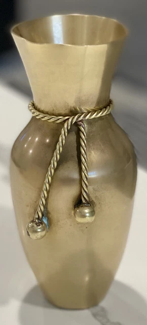 Vintage Brass Bud Vase Urn with Braided Rope & Tassel Design Original Patina