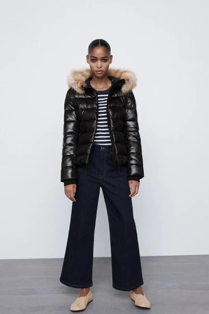 Black shiny coat with fur hood zara online