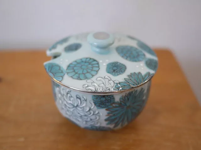 Vintage Mid Century Japanese KUTANI Porcelain Chrysanthemum Mustard Pot Jar Blue