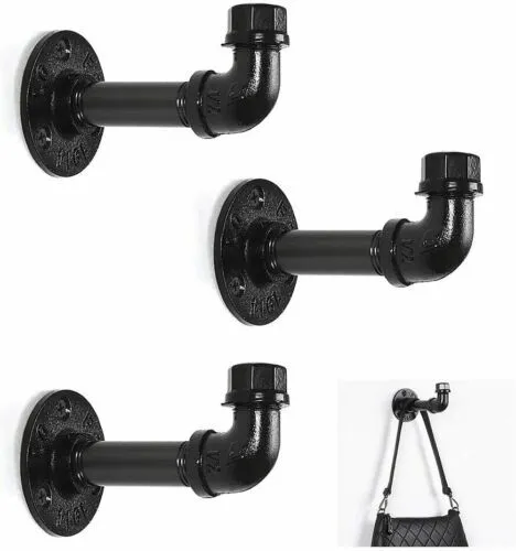 3Pcs Industrial Pipe Coat Hook Rack Heavy Duty Wall Mounted Clothes Towel Holder