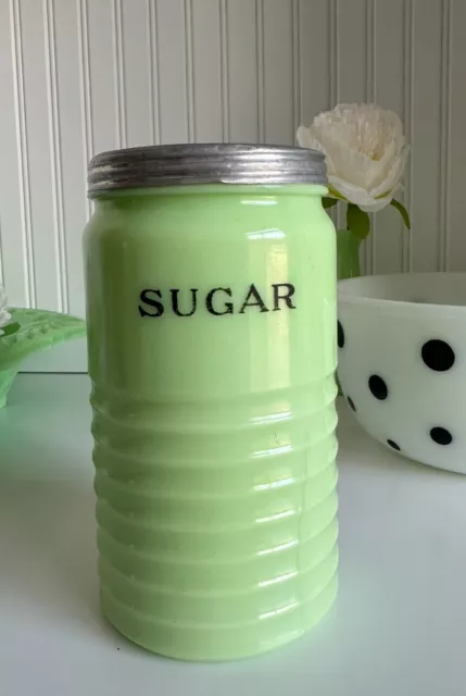 1930’s Vintage Jeannette Jadite  Jadeite Horizontal Rib Sugar Canister, Uranium