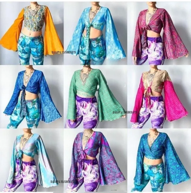 10 Pcs Lot  Indian Vintage Silk Sari Bell Sleeve Crop Top Retro 60s 70s Clothing