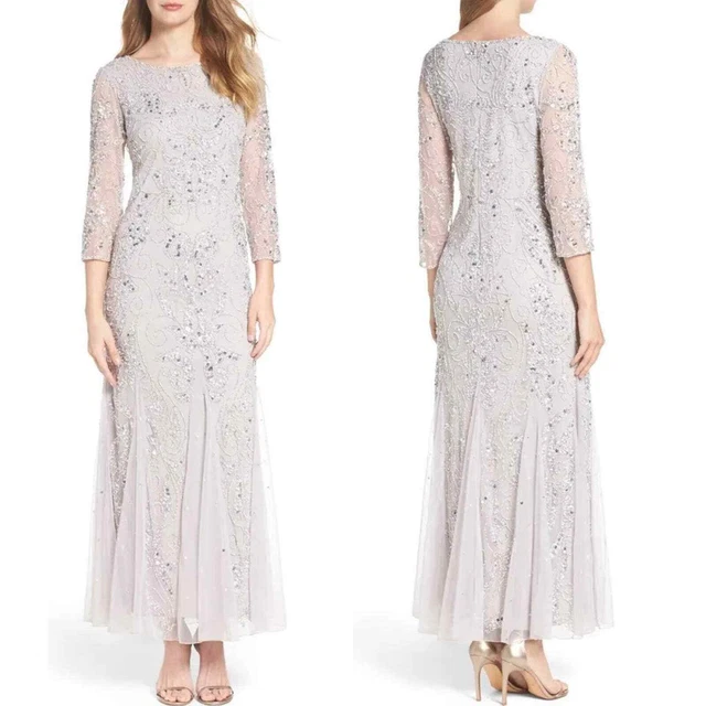 PISARRO NIGHTS Illusion Sleeve Silver Beaded A-Line Gown