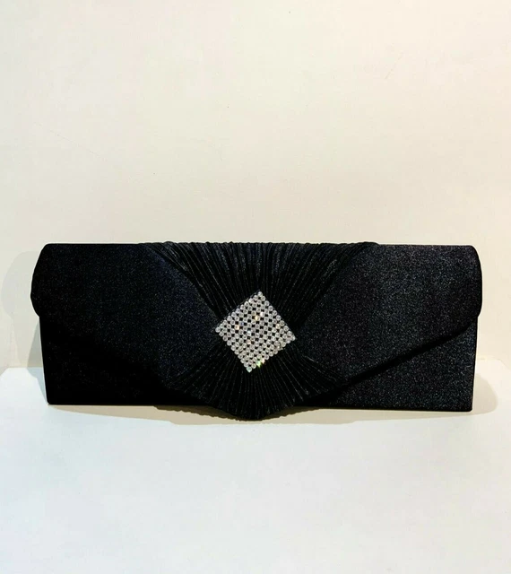 Borsa da sera nera in raso con applicazione di strass a rombo - Pochette