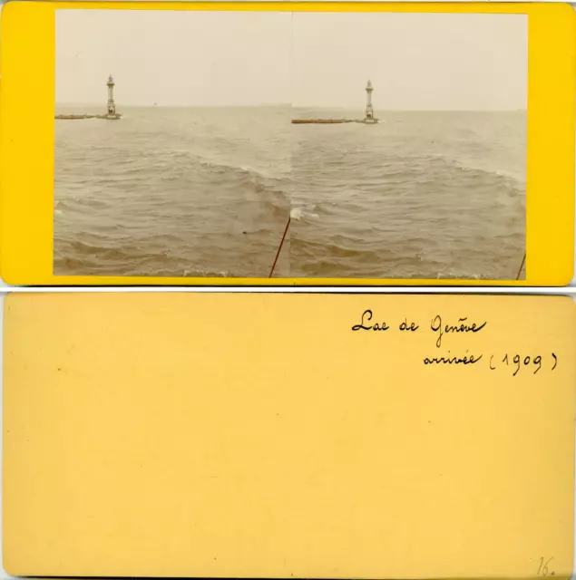 Stéréo, Suisse, lac de Genève, arrivée en bateau  Vintage albumen stereo card,