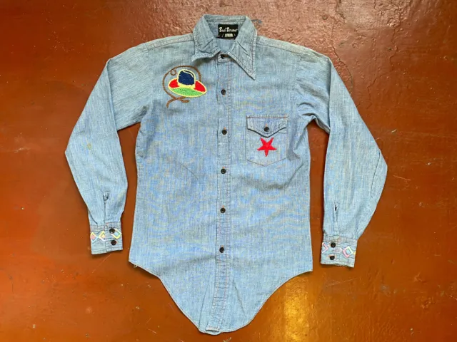 Camicia ricamata discoteca anni '70 Chambray Denim colletto pugnale giovani età 10