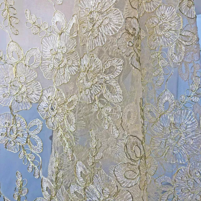Gold Embroidery Bridal Dress Lace Fabric Corded Blossom Costume Gown Fabric 0.5Y