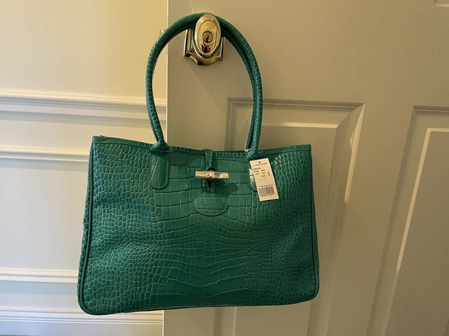 NWT Authentic Longchamp Roseau Croc Embossed Leather Tote Bag Turquoise