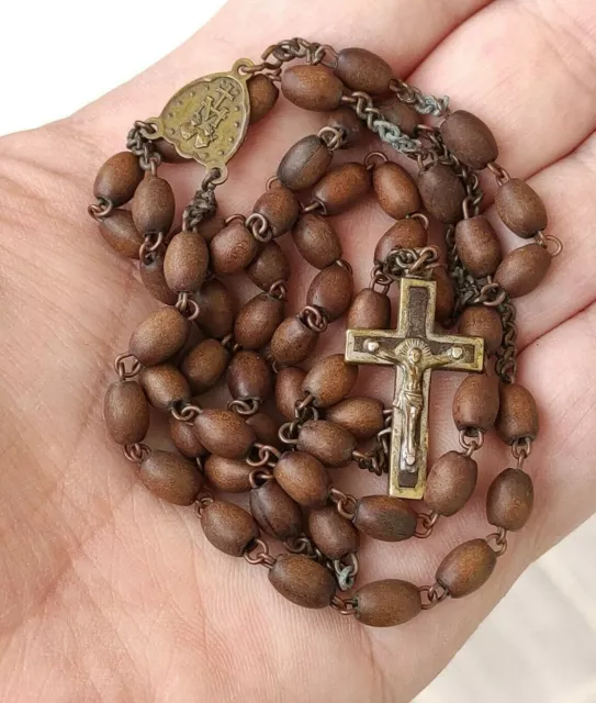 Rosary Antique Beads Wood Brown 1800 icon Mary Rosaries Christianity