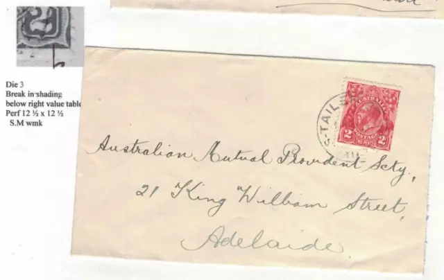 APH1497) Australia 1931 2d Red KGV Die 3 variety on cover to AMP Society,