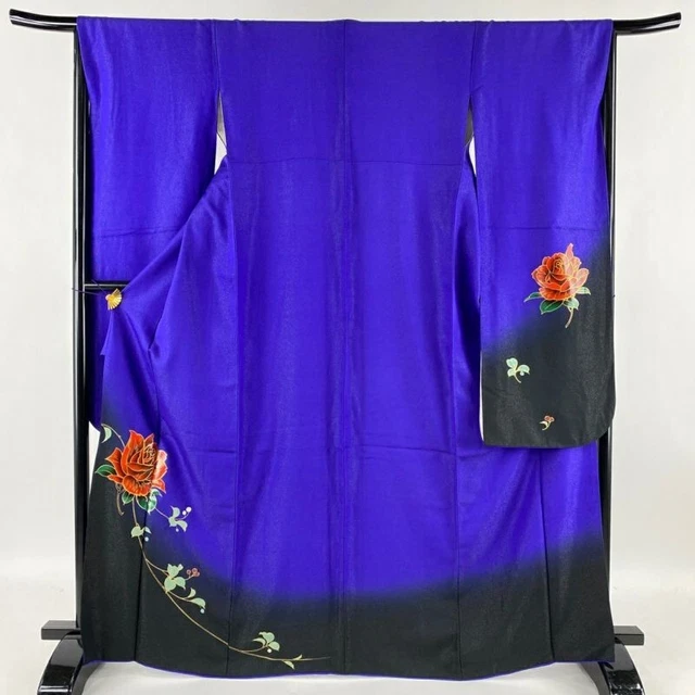 Japanese Kimono Furisode Pure Silk Flower Gold And Silver Paint Purple Color