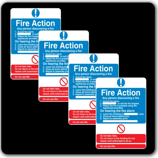 4 x FIRE Action Sign Assembly Point Health and Safety Emergency Label Sticker