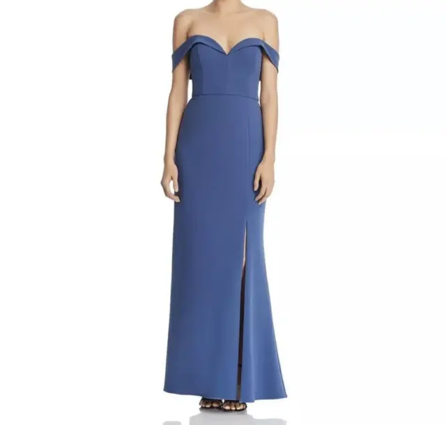 AIDAN MATTOX Womens Dress Size 4 Blue Gown Full Length Off Shoulder Front Slit
