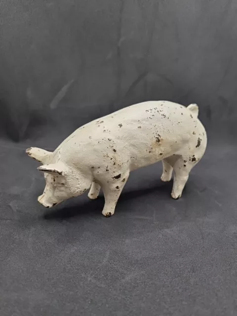 Vintage Cast Iron Pig Figure White Ornament Door Stop Weight Rustic Heavy 4”x7”