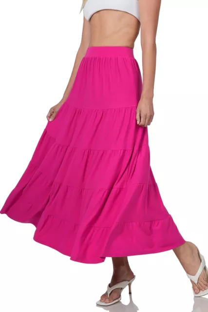 Zenana Maxi Skirt Magenta Pink Tiered Boho Solid Stretch Womens NEW
