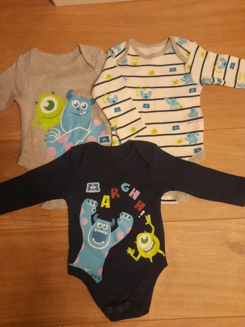 Baby Boys Disney Mosters Inc Long Sleeve Vests Bodysuits Bundle 3-6 Months