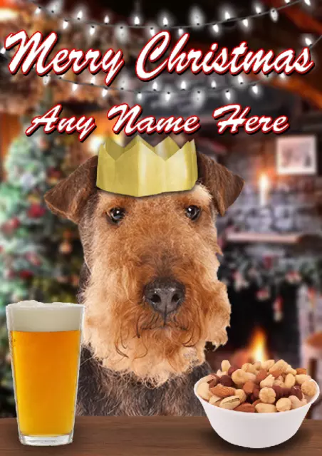 Airedale Terrier Dog Merry Christmas Pub Pint Greeting Personalised Card A5 PX22