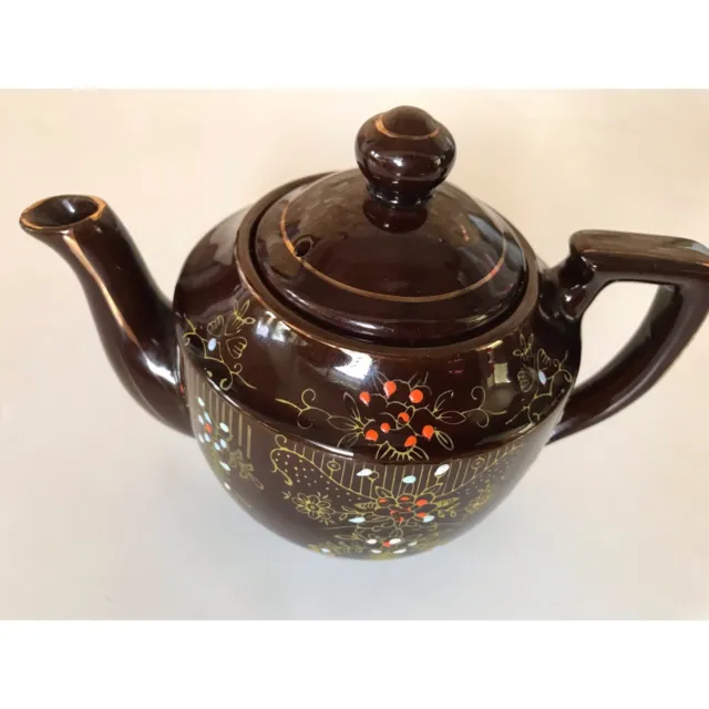 Vintage Brown Gold Trim Teapot Moriage Enamel Hand Painted Made In Japan