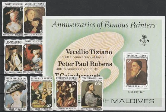 Malediven aus 1977 ** postfrisch MiNr. 702-709 + Bl. 45 Gemälde Rubens Tizian