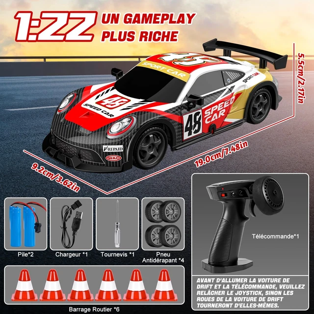 Voiture Télécommandée Drift 1/24 – 30 Km/h, 4WD, Pneus Drift, Phares LED, Batterie Incluse, Cadeau Enfant 7+ (Bleu)