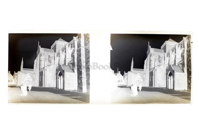 France église Village Stéreo Plaque de verre Négatif Vintage ca 1920