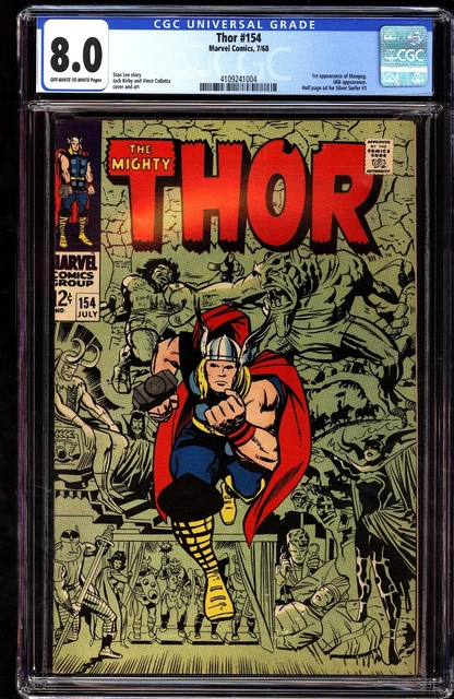 Thor 154 CGC 8.0 OWW 1st Appearance Mangog Kirby and Lee Classic! 1968