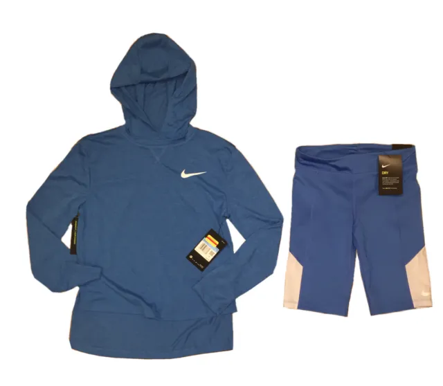 RTLS $55 SET - Nike Girls Blue Hoodie Dry T-Shirt & Compression Shorts Sz M  $25.99 - PicClick