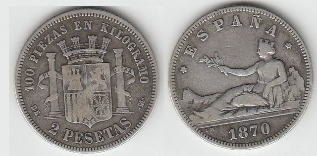 ESPAGNE   2 Pesetas  Argent 1870   73 dans l' étoile  Plata  Moneda  Silver coin