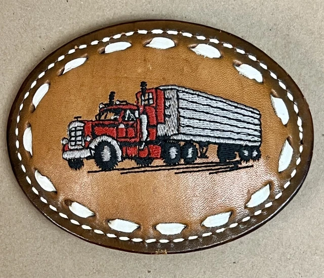 VINTAGE SEMI TRUCK Big Rig Hand Tooled/Sewn Leather Belt Buckle 80s/90s