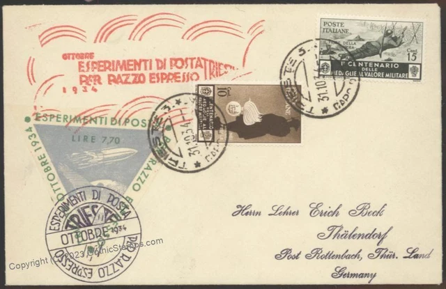 Italy Germany 1934 Gerhard Zucker Rocket Mail Trieste 2 Stamp Set Cover 109321