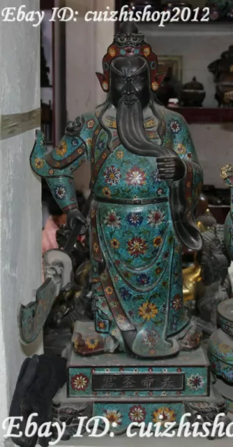 85cm Cloisonne Purple Bronze Hold Broadsword Guan Gong Yu Warrior God Statues