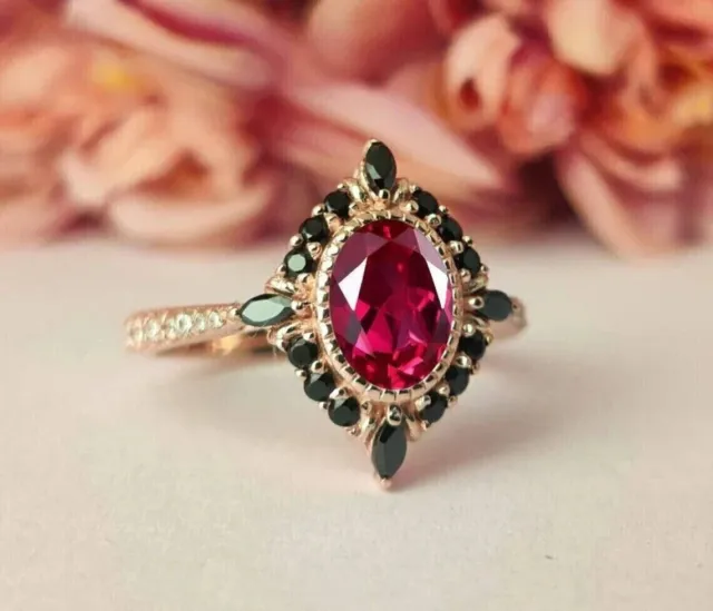 2 Ct Oval Lab Created Red Ruby  925 Silver Rose Gold Plated Engagement Ring