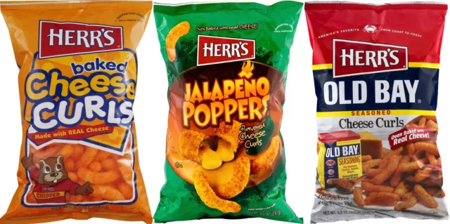 Herr's Cheddar Cheese Curls, Jalapeno Poppers & Old Bay Curls Variety 3-Pack