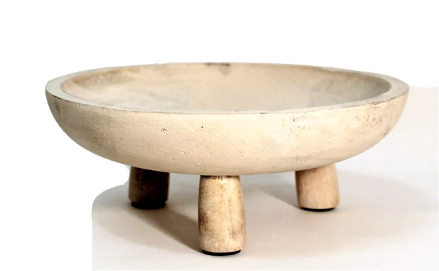Wood Bowl Plant Stand Footed White Wash India