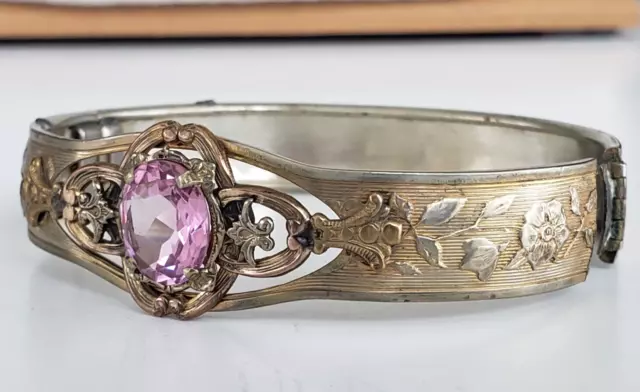 Antique Victorian Pink Glass Stone Floral Hinged Bangle Bracelet 7" NeedsTLCclsp