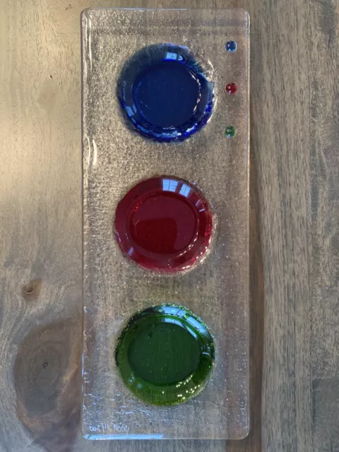 Signed Glass Art Fused Glass 11/200 Red Green Blue Handmade