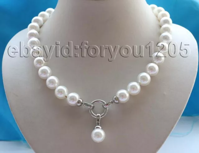 19" Genuine Natural 12mm White Round Shell Pearl Necklace pendant #f1703! 3