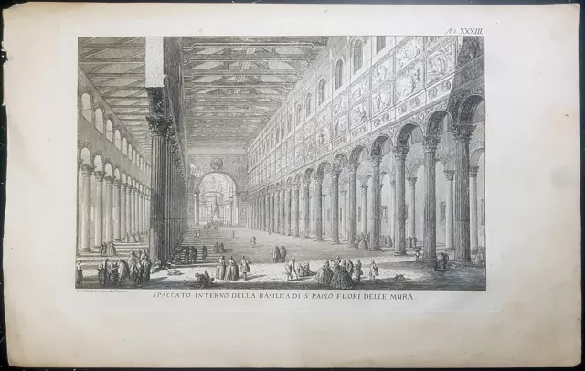 stampa antica 1781 J. Friedrich after Piranesi interno basilica san paolo Roma