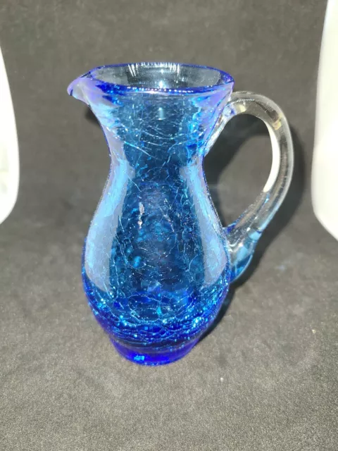 Vintage Blue Crackled Art Glass Miniature Mini Pitcher Bud Vase