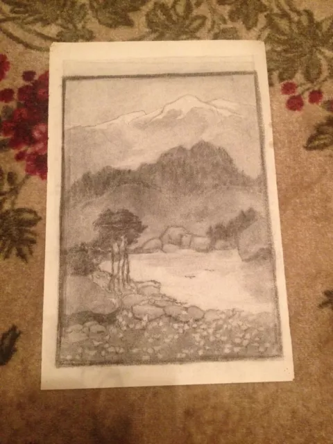 Antique Début 20th Siècle Charbon Paysage Dessin Avec / Mountains En