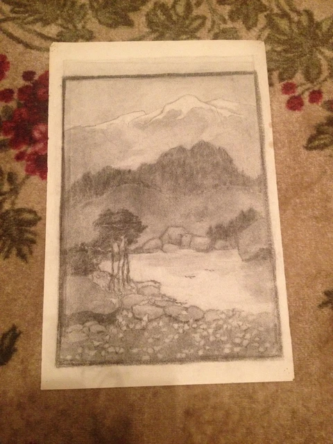 Antique Début 20th Siècle Charbon Paysage Dessin Avec / Mountains En