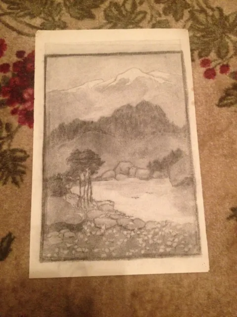 Antique Early 20th Century Charcoal Landscape Drawing w/ Mountains in Background